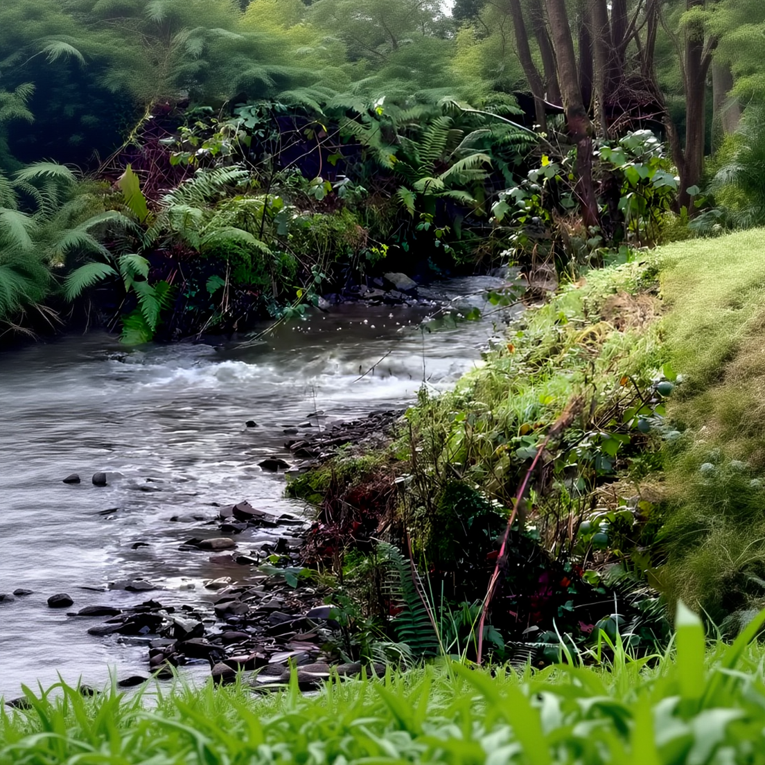 Stream flowing through a lush green forest